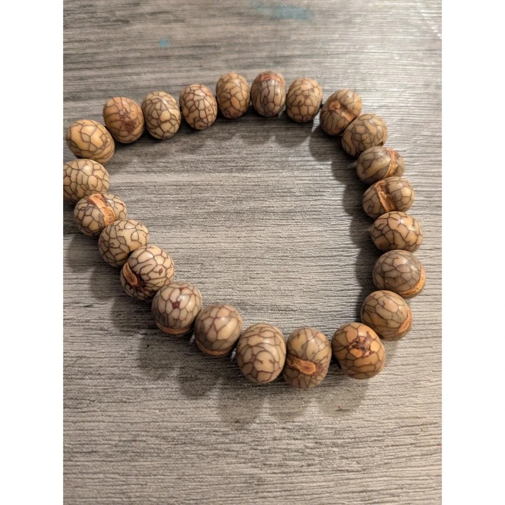 Natural‎ Wood Bead Stretch Bracelet Brown Tan Cracked Pattern Boho Spiritual